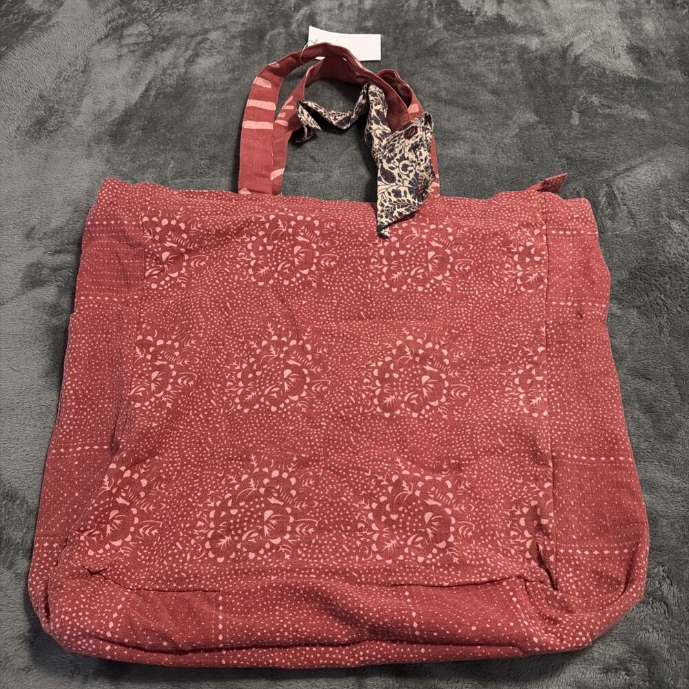 MABE Mari Print Tote - Red FLORAL PRINTED  SCARF TRIM COTTON CANVAS TOTE BAG